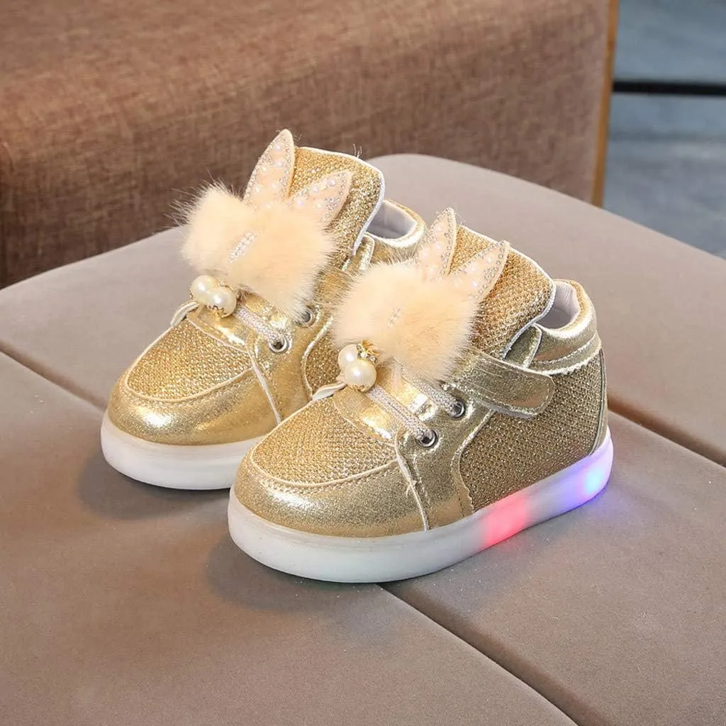 Baby Girls Boys Boots Led High Top First Walking Shoes Rabbit Ear Cotton ining Luminous Light up Casual Shoes