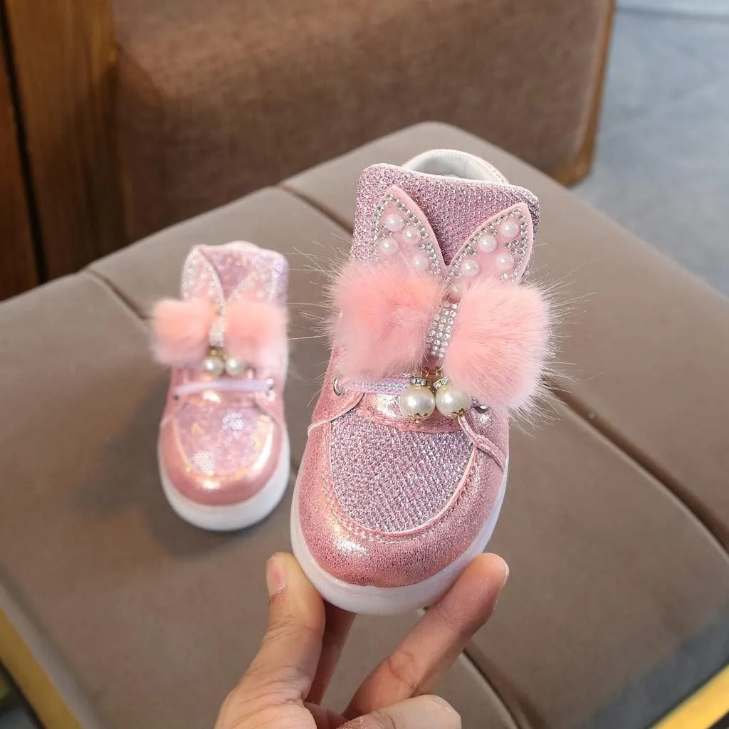 Baby Girls Boys Boots Led High Top First Walking Shoes Rabbit Ear Cotton ining Luminous Light up Casual Shoes