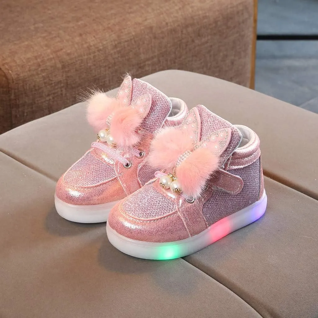 Baby Girls Boys Boots Led High Top First Walking Shoes Rabbit Ear Cotton ining Luminous Light up Casual Shoes