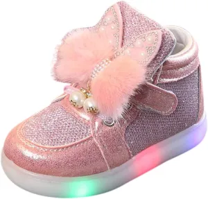 Baby Girls Boys Boots Led High Top First Walking Shoes Rabbit Ear Cotton ining Luminous Light up Casual Shoes