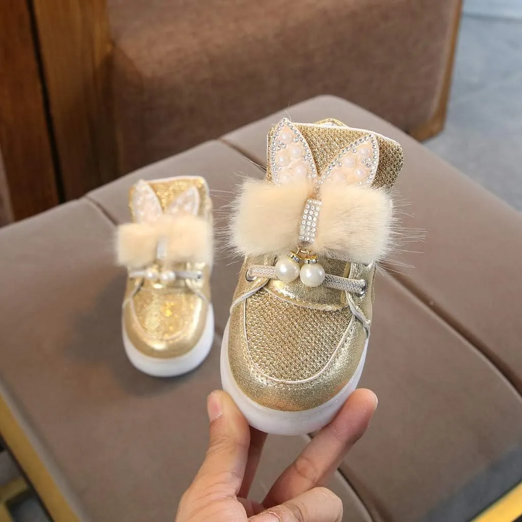 Baby Girls Boys Boots Led High Top First Walking Shoes Rabbit Ear Cotton ining Luminous Light up Casual Shoes