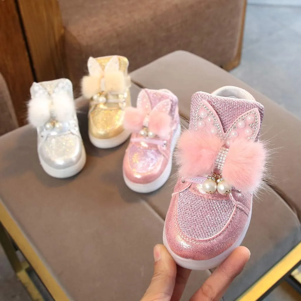 Baby Girls LED Light Up Sneaker Slip On Gold Bowknot Shoes Sequins Soft Sole Sneakers Outdoor Running Shoes