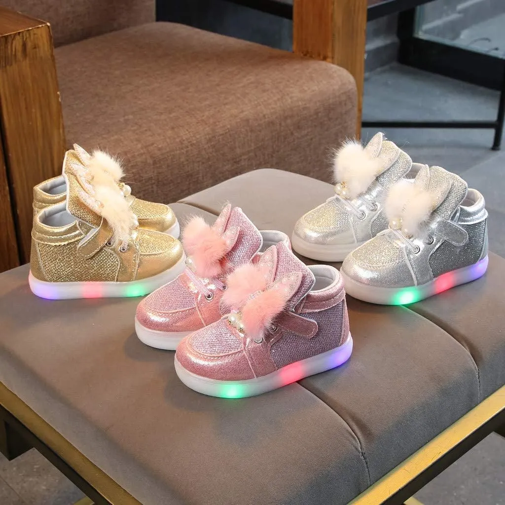 Baby Girls LED Light Up Sneaker Slip On Gold Bowknot Shoes Sequins Soft Sole Sneakers Outdoor Running Shoes