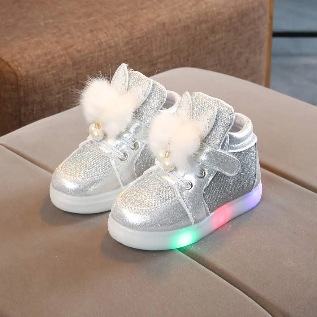Baby Girls LED Light Up Sneaker Slip On Gold Bowknot Shoes Sequins Soft Sole Sneakers Outdoor Running Shoes