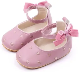 Baby Girls Mary Jane Flats Heart Embroidery Non Slip Soft Sole Bowknot Princess Wedding Dress Shoes Toddler First Walkers Infant Newborn Baptism Crib Shoes