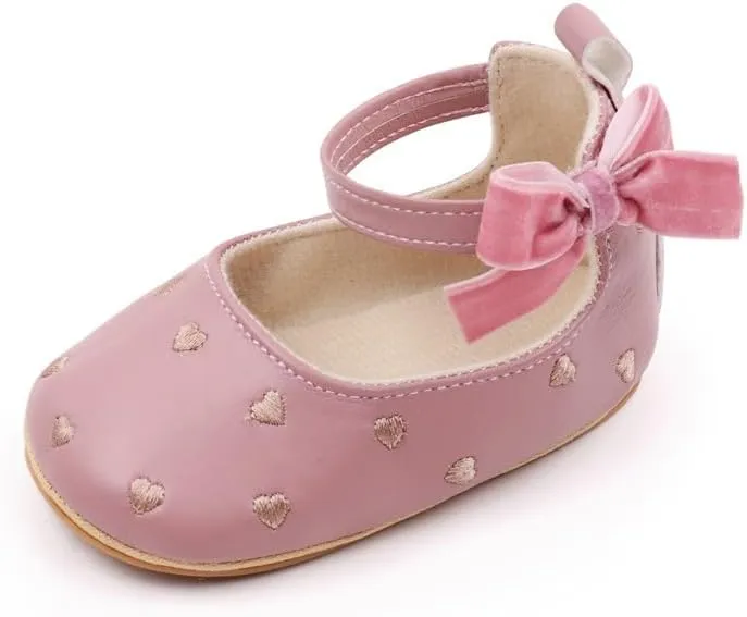 Baby Girls Mary Jane Flats Heart Embroidery Non Slip Soft Sole Bowknot Princess Wedding Dress Shoes Toddler First Walkers Infant Newborn Baptism Crib Shoes