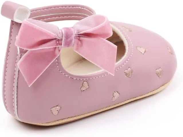 Baby Girls Mary Jane Flats Heart Embroidery Non Slip Soft Sole Bowknot Princess Wedding Dress Shoes Toddler First Walkers Infant Newborn Baptism Crib Shoes