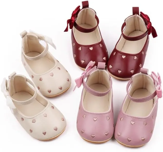 Baby Girls Mary Jane Flats Heart Embroidery Non Slip Soft Sole Bowknot Princess Wedding Dress Shoes Toddler First Walkers Infant Newborn Baptism Crib Shoes