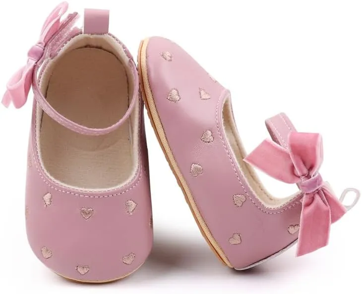 Baby Girls Mary Jane Flats Heart Embroidery Non Slip Soft Sole Bowknot Princess Wedding Dress Shoes Toddler First Walkers Infant Newborn Baptism Crib Shoes