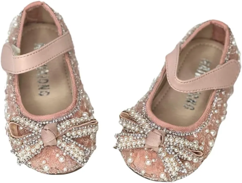 Baby Girls Mary Jane Flats New Born Dress Shoes Pearl & Crystal Beaded Christening, Birthday