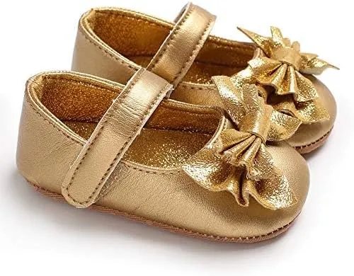 Baby Girls Mary Jane Flats Non Slip Soft Sole Bowknot Princess Wedding Dress Shoes Toddler First Walkers Infant Newborn Baptism Crib Shoes
