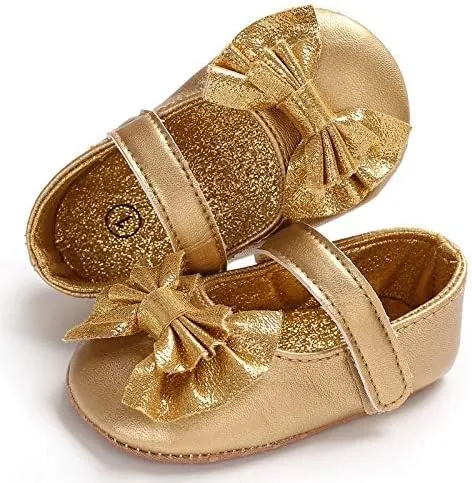 Baby Girls Mary Jane Flats Non Slip Soft Sole Bowknot Princess Wedding Dress Shoes Toddler First Walkers Infant Newborn Baptism Crib Shoes