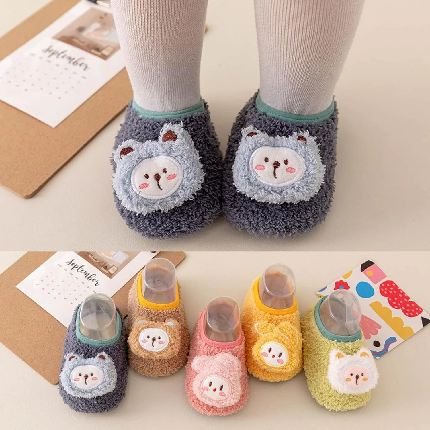 Baby Sock Shoes Cute Bear Warm Slippers Boys Girls First Walking Shoes Non-Slip Slippers Soft Sole Sneakers Shoe