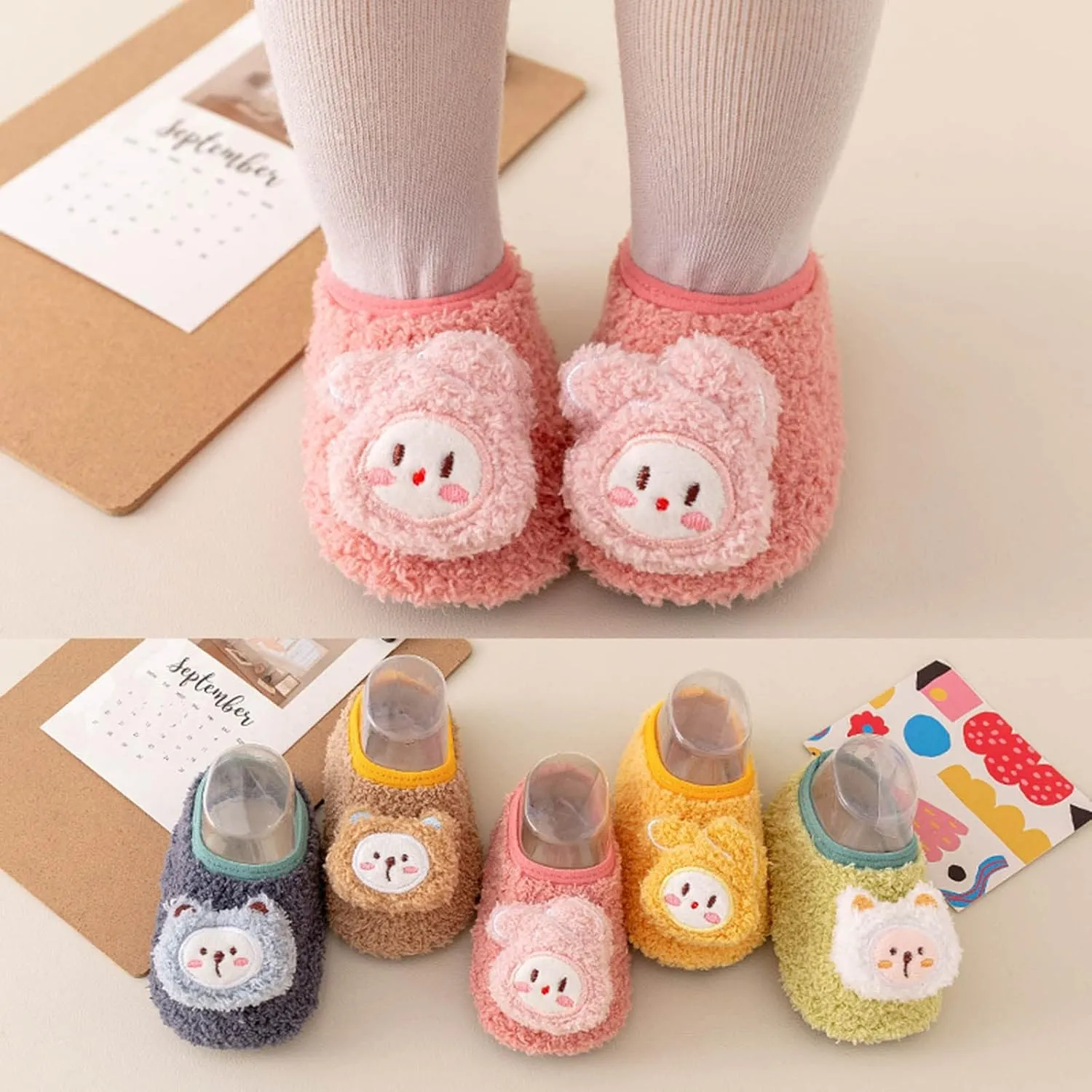 Baby Sock Shoes Cute Bear Warm Slippers Boys Girls First Walking Shoes Non-Slip Slippers Soft Sole Sneakers Shoe