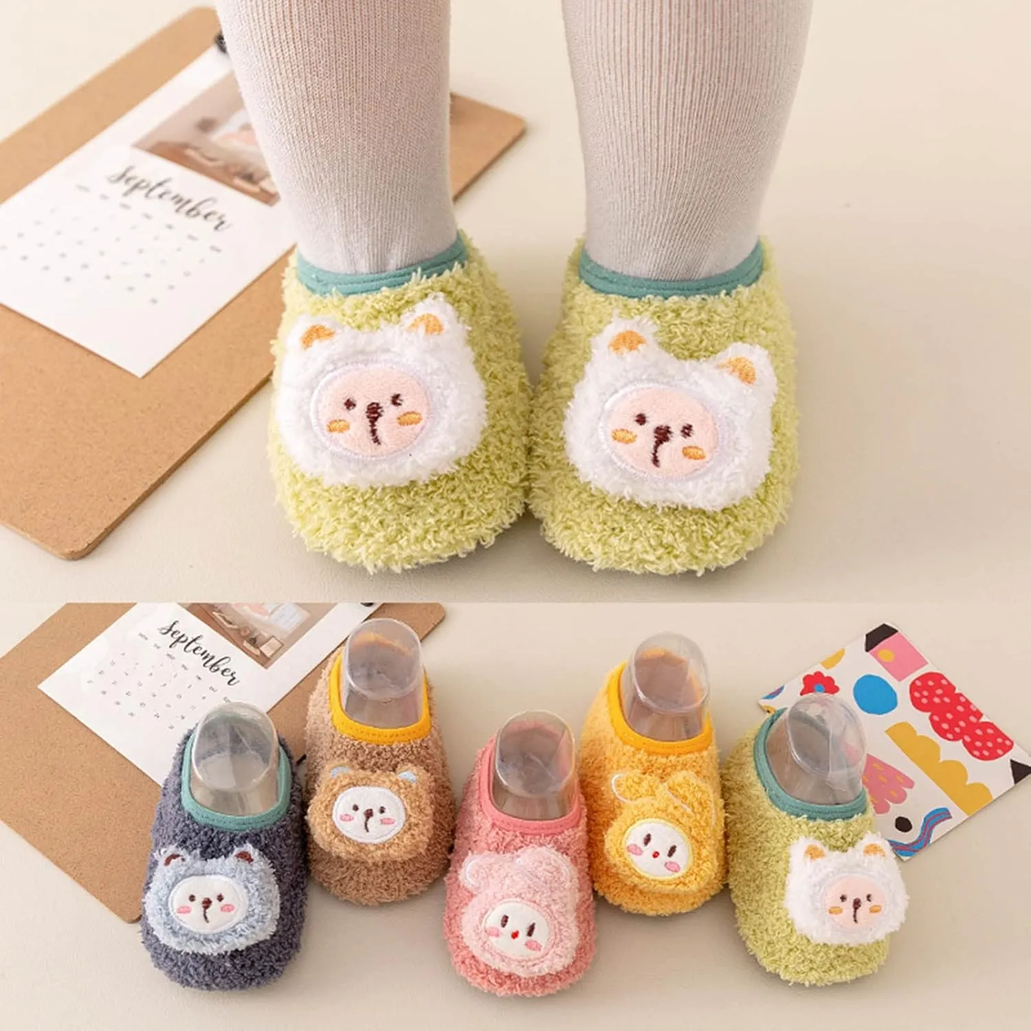 Baby Sock Shoes Cute Bear Warm Slippers Boys Girls First Walking Shoes Non-Slip Slippers Soft Sole Sneakers Shoe