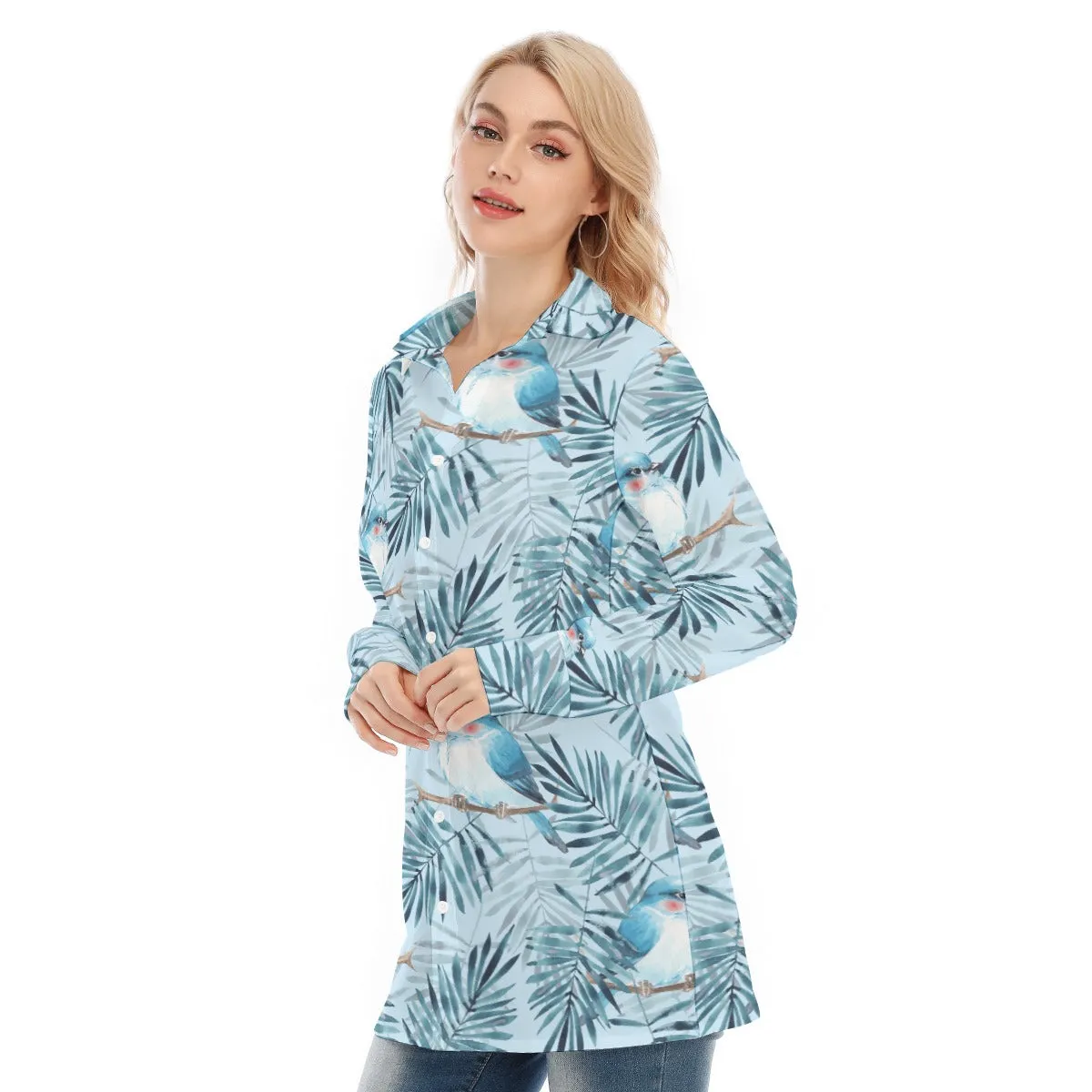 Bohemian Blue Bird of Prey Floral Women's Long Sleeve Shirt