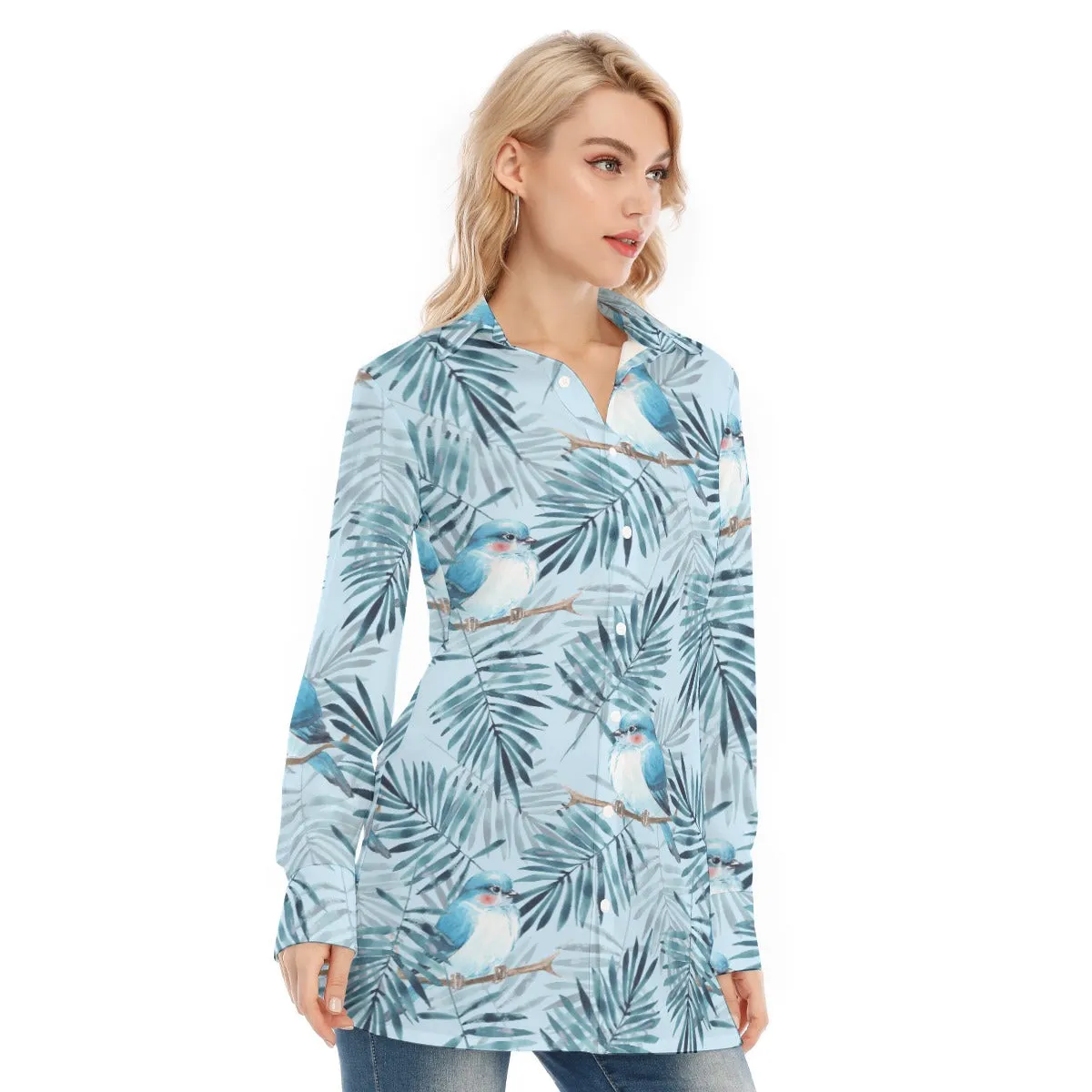 Bohemian Blue Bird of Prey Floral Women's Long Sleeve Shirt
