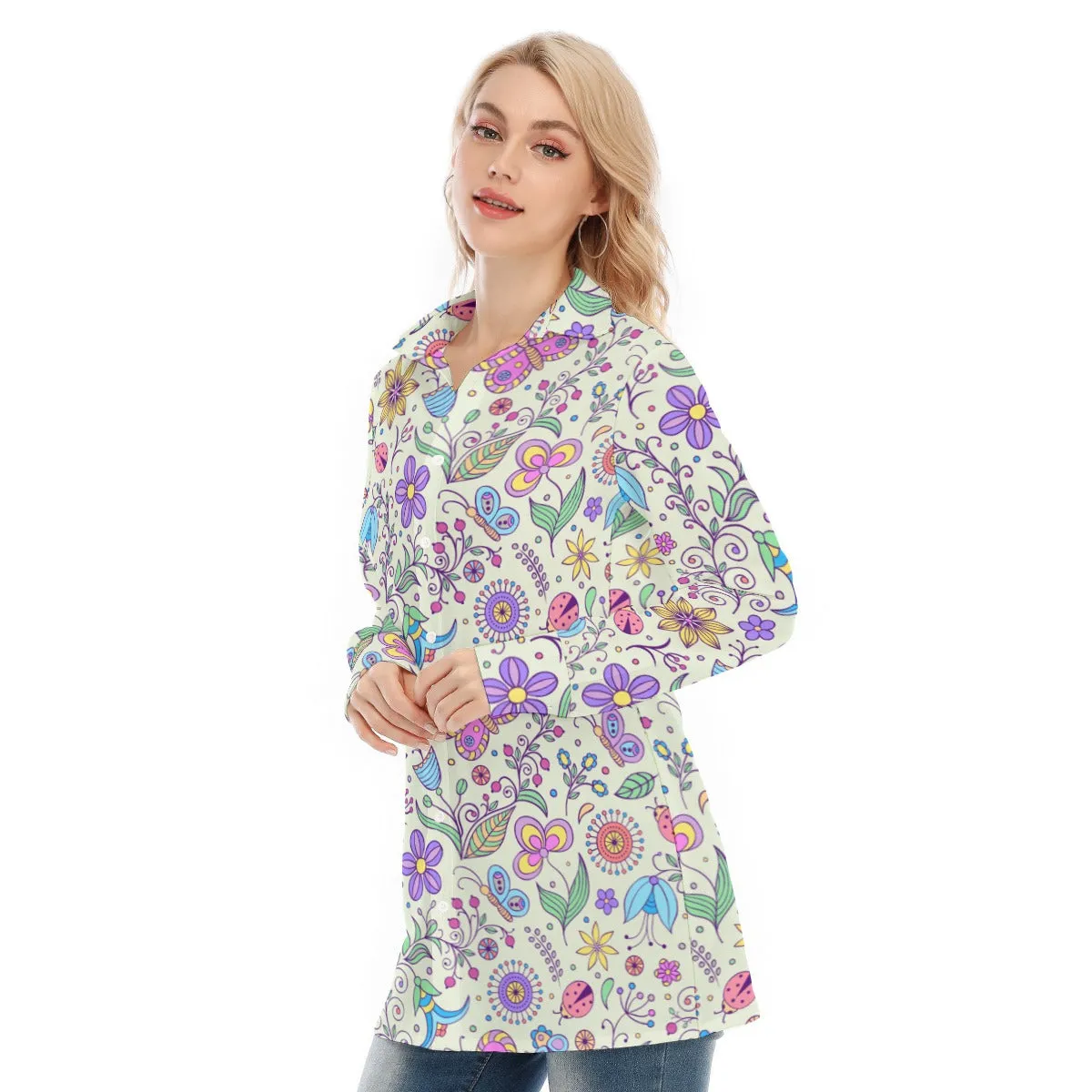 Bohemian Pastel Green Butterfly Printed Women's Long Sleeve Shirt