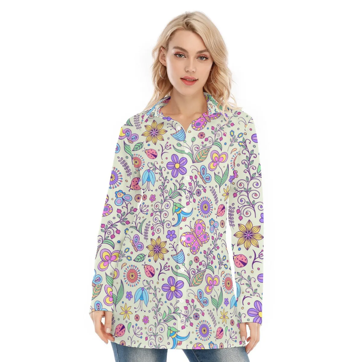 Bohemian Pastel Green Butterfly Printed Women's Long Sleeve Shirt