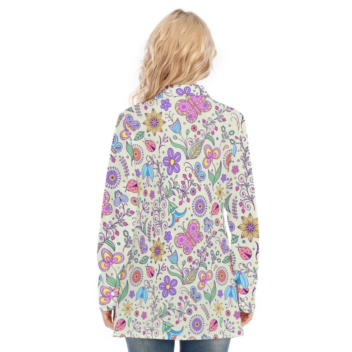 Bohemian Pastel Green Butterfly Printed Women's Long Sleeve Shirt