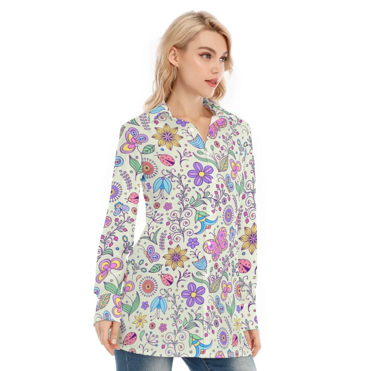 Bohemian Pastel Green Butterfly Printed Women's Long Sleeve Shirt