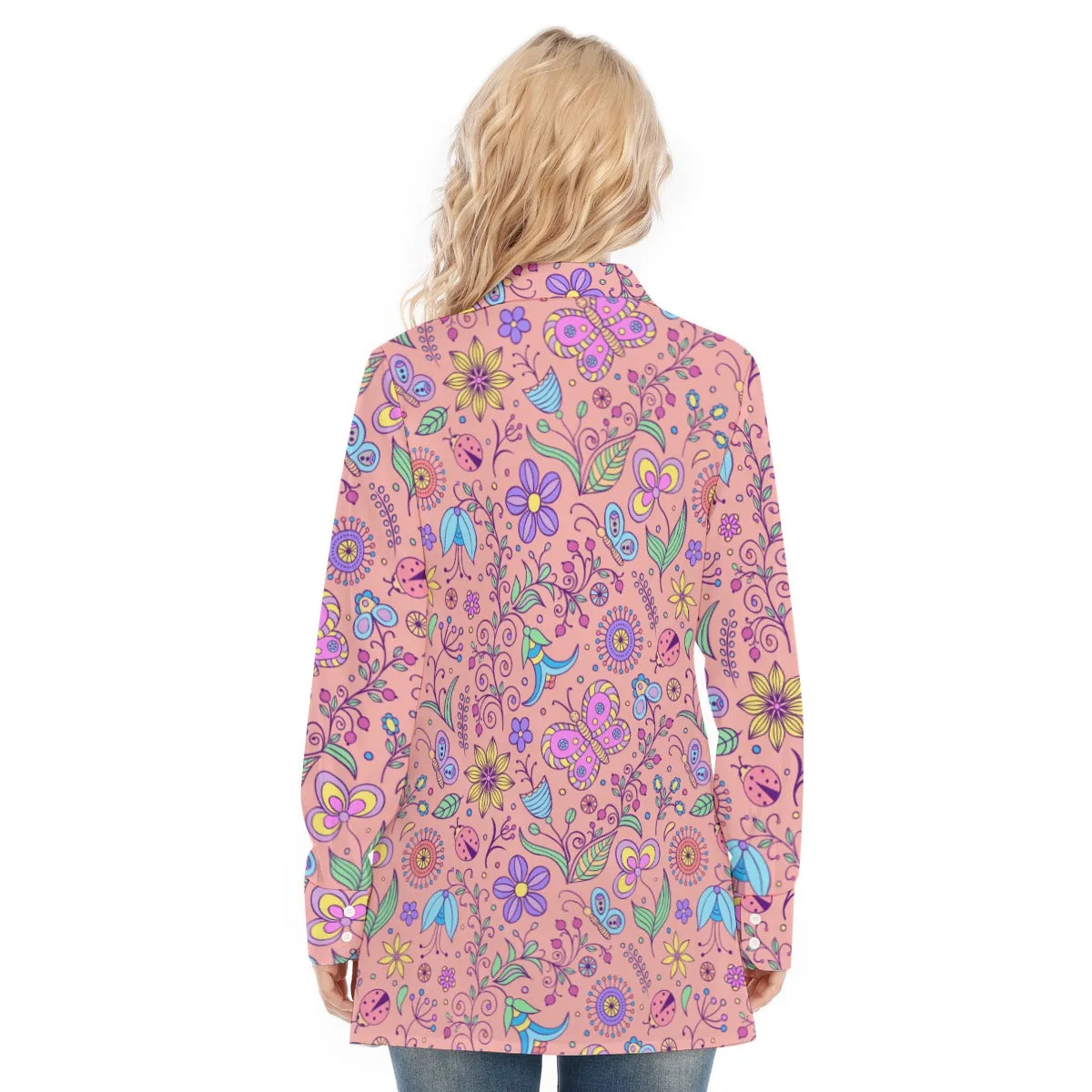 Bohemian Pink Butterfly Printed Women's Long Sleeve Shirt