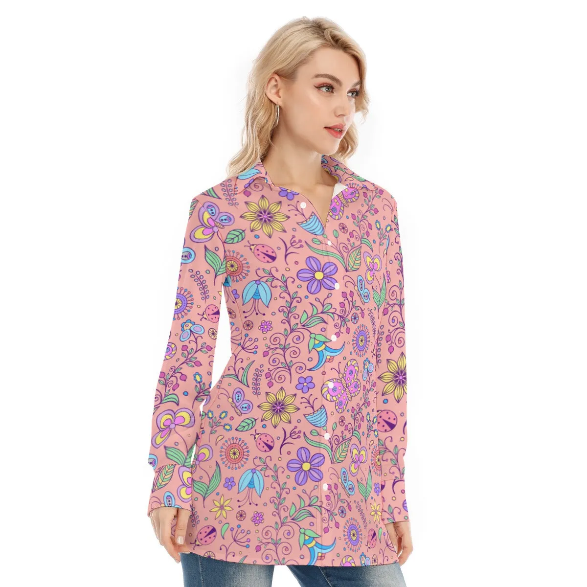 Bohemian Pink Butterfly Printed Women's Long Sleeve Shirt