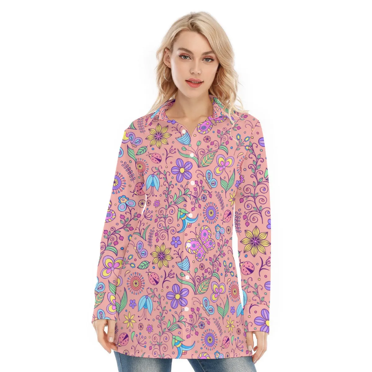 Bohemian Pink Butterfly Printed Women's Long Sleeve Shirt