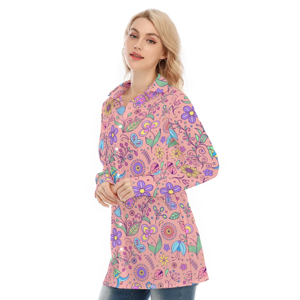 Bohemian Pink Butterfly Printed Women's Long Sleeve Shirt