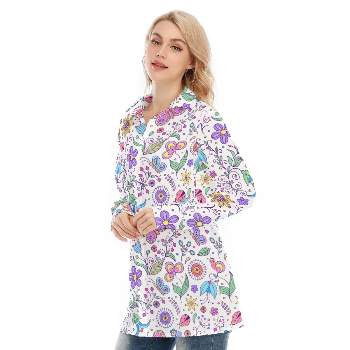 Bohemian Purple Butterfly Print Women's Long Sleeve Shirt