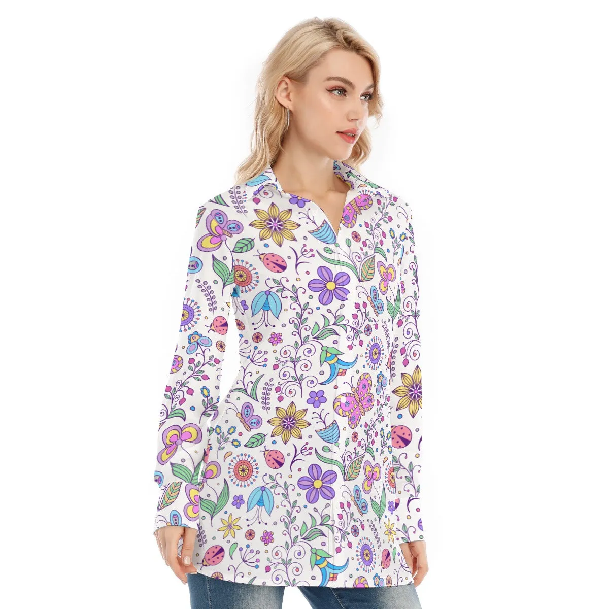 Bohemian Purple Butterfly Print Women's Long Sleeve Shirt