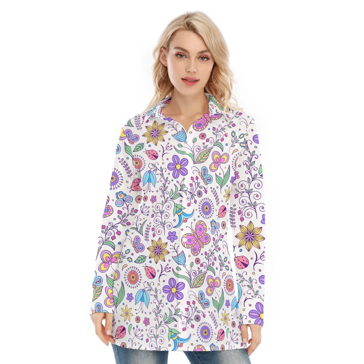 Bohemian Purple Butterfly Print Women's Long Sleeve Shirt
