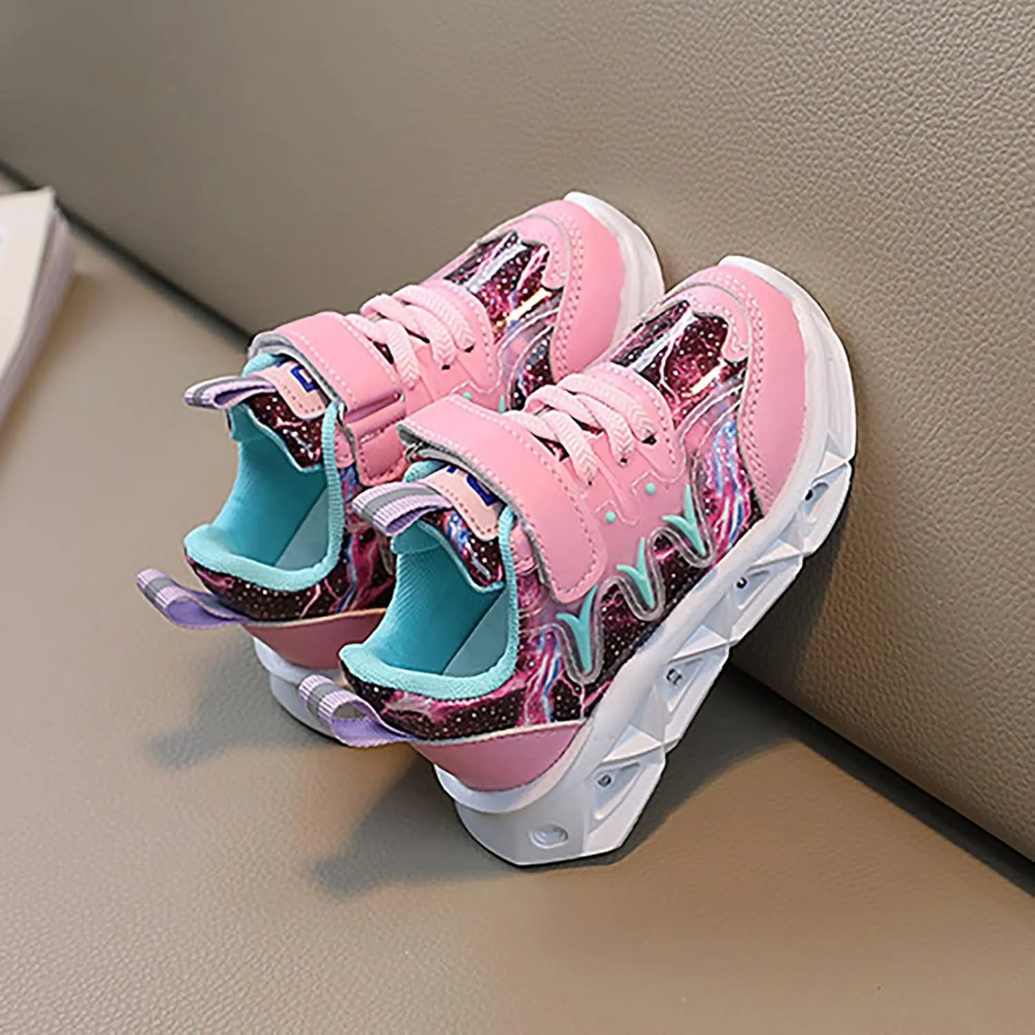 Children's LED Sneakers Leather Reflective Breathable Soft Sole Lace up Shoes Collision Color Tights Shoes