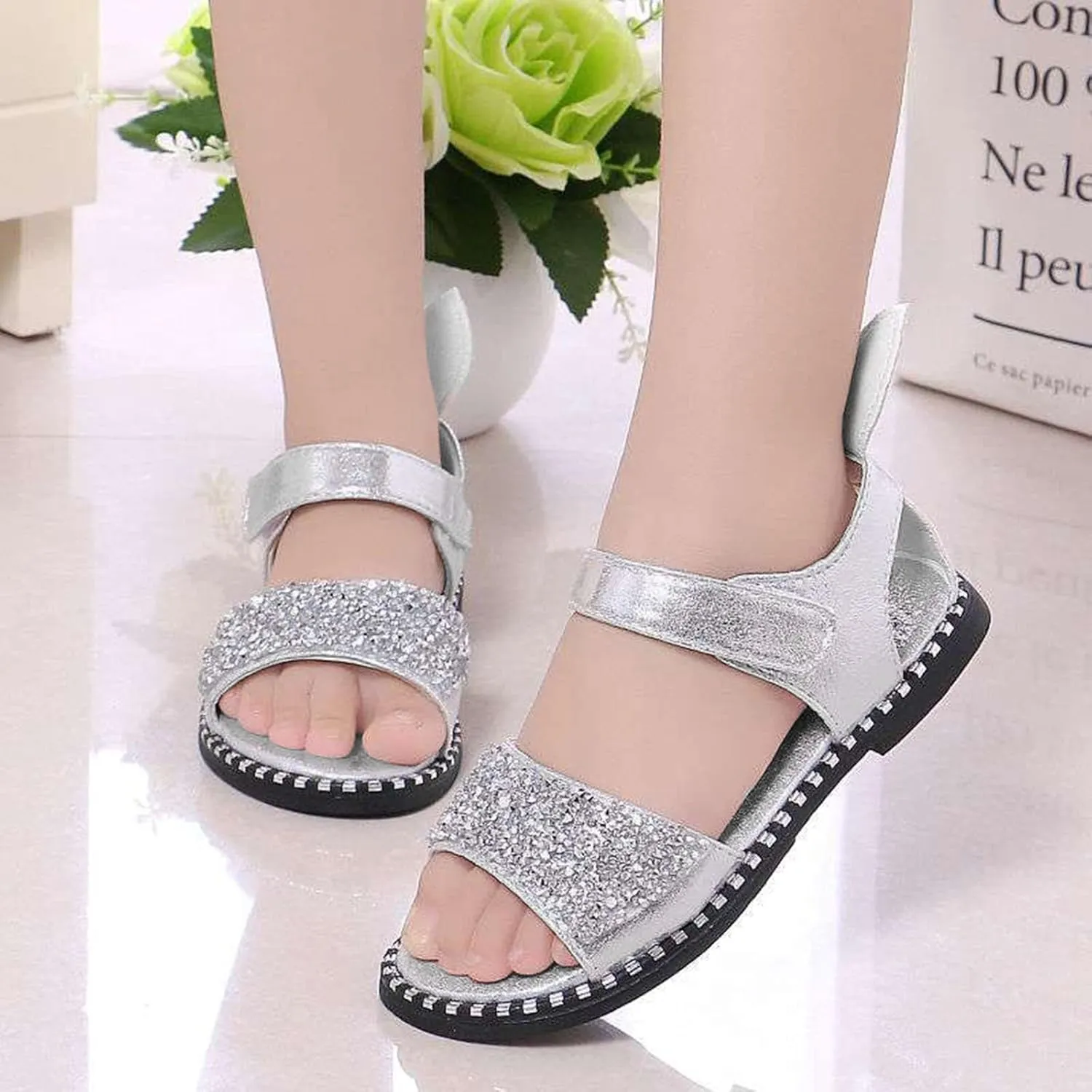 Girls Kids Pearl Glitter Rubber Sandals Gldiator Open Toe Ankle Wide Shoes Baby Childrens Flat Soft Non Slip Slipper