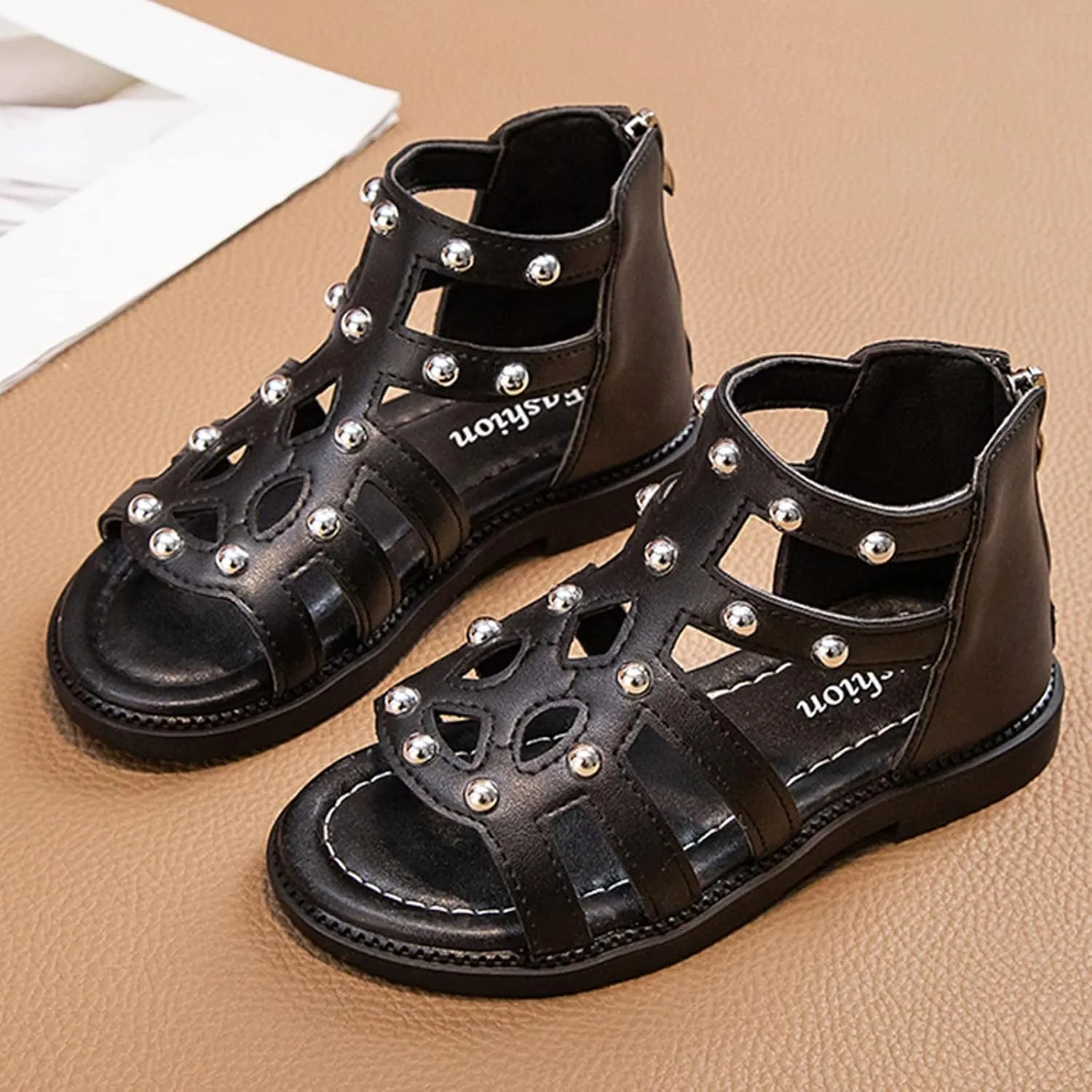 Girls Kids Short Gldiator Sandals Shoes Ankle Rubber Leather Non Slip Shoes Baby Toddler Side Zipper Summer Casual