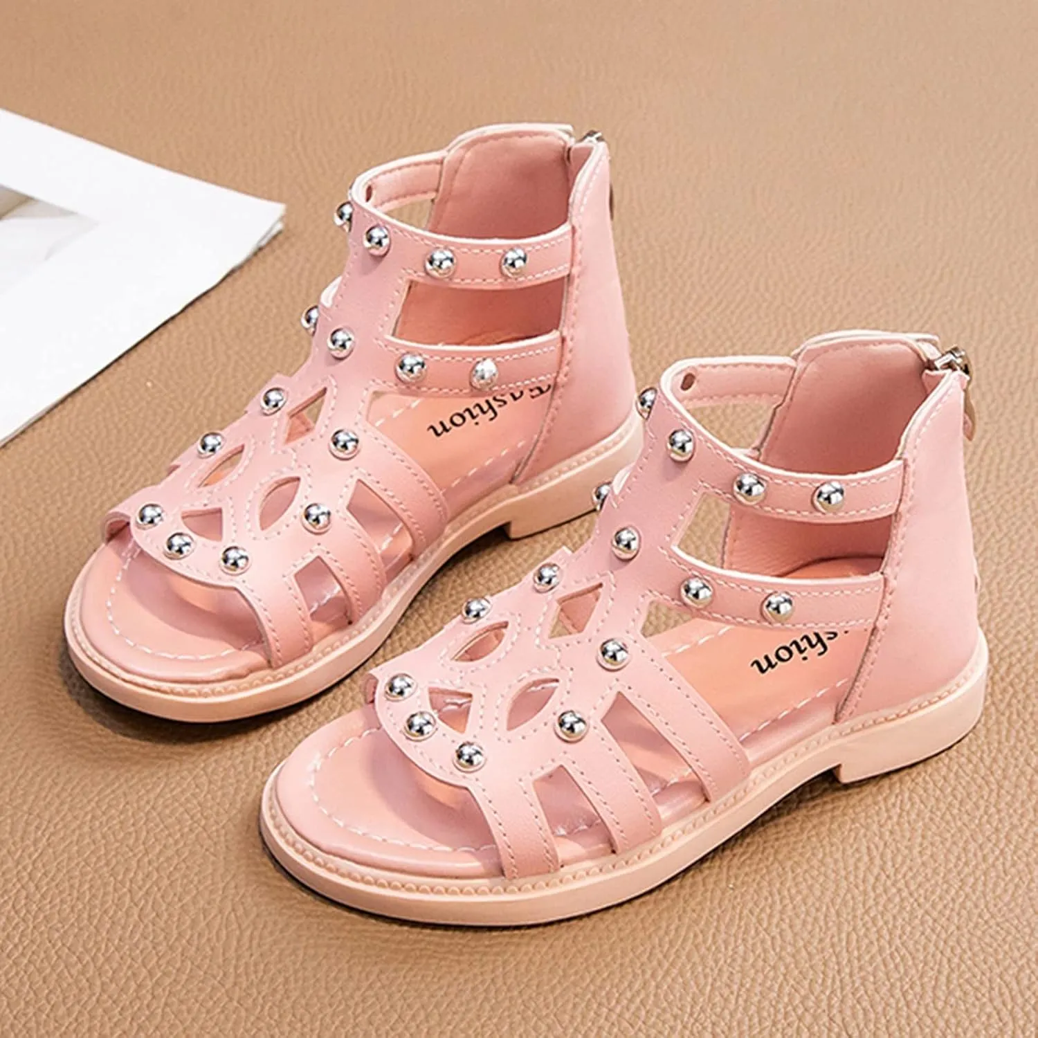 Girls Kids Short Gldiator Sandals Shoes Ankle Rubber Leather Non Slip Shoes Baby Toddler Side Zipper Summer Casual