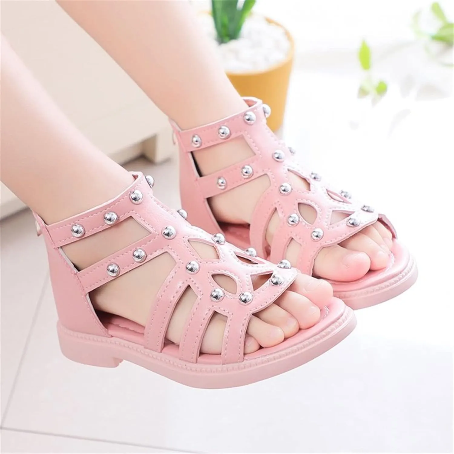 Girls Kids Short Gldiator Sandals Shoes Ankle Rubber Leather Non Slip Shoes Baby Toddler Side Zipper Summer Casual