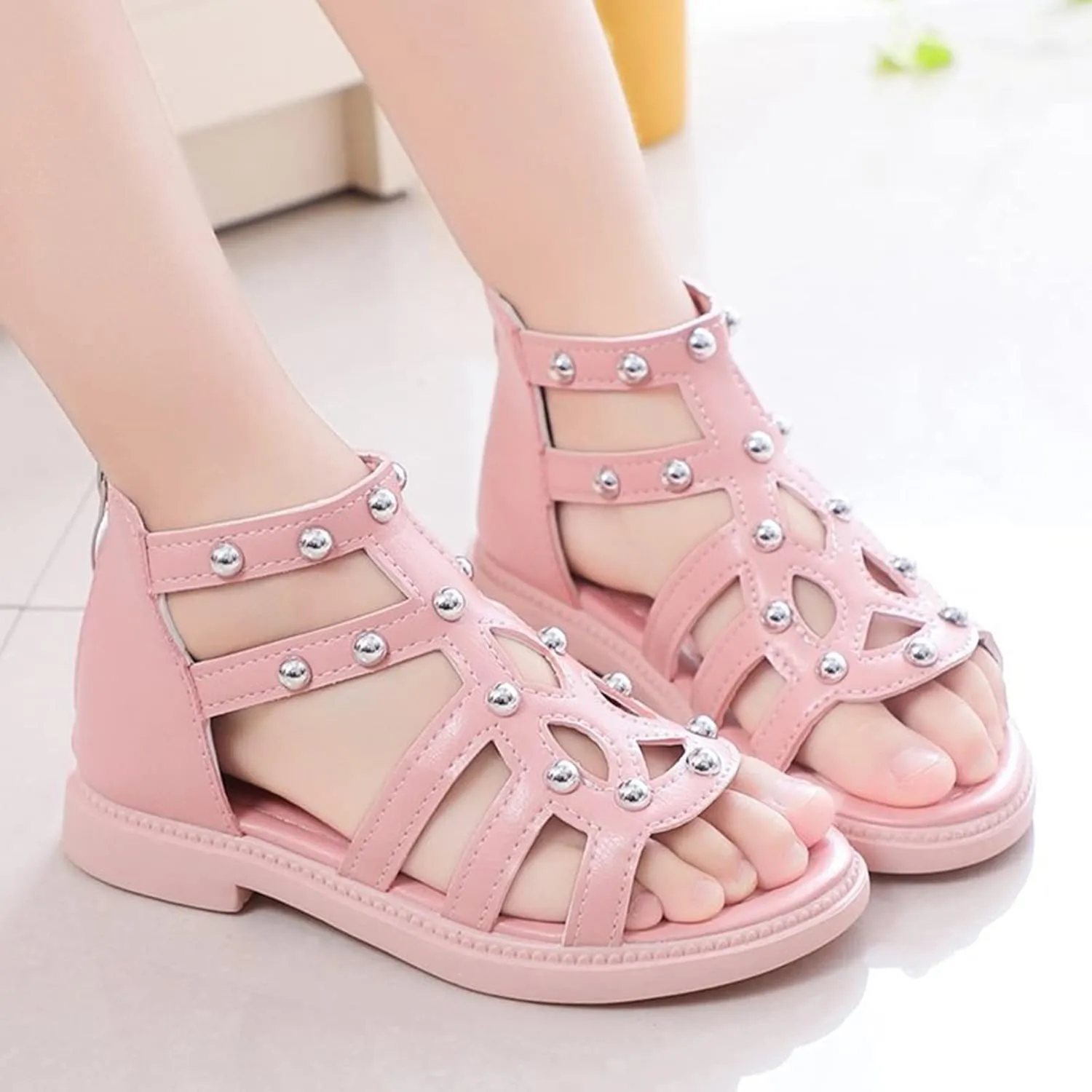 Girls Kids Short Gldiator Sandals Shoes Ankle Rubber Leather Non Slip Shoes Baby Toddler Side Zipper Summer Casual