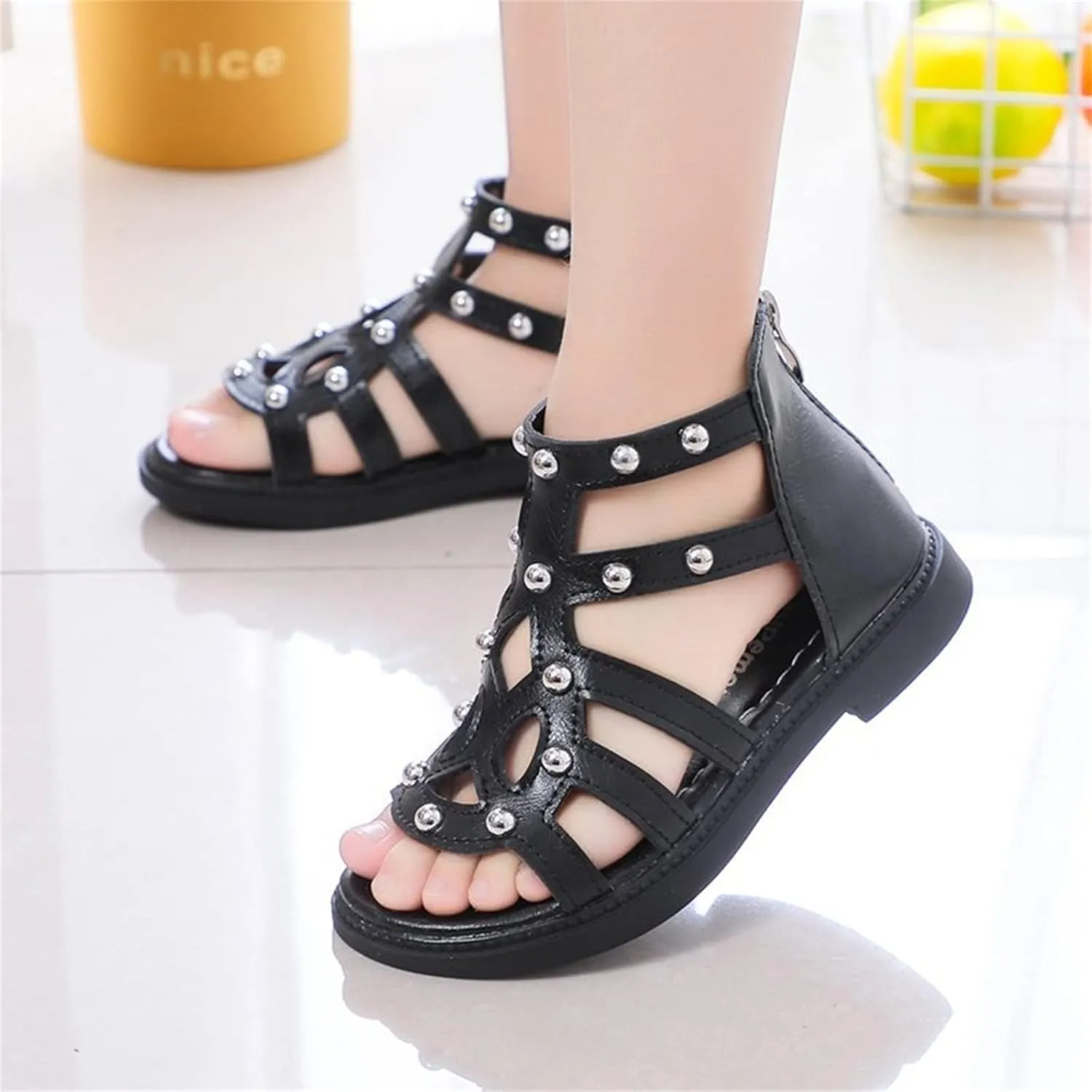 Girls Kids Short Gldiator Sandals Shoes Ankle Rubber Leather Non Slip Shoes Baby Toddler Side Zipper Summer Casual