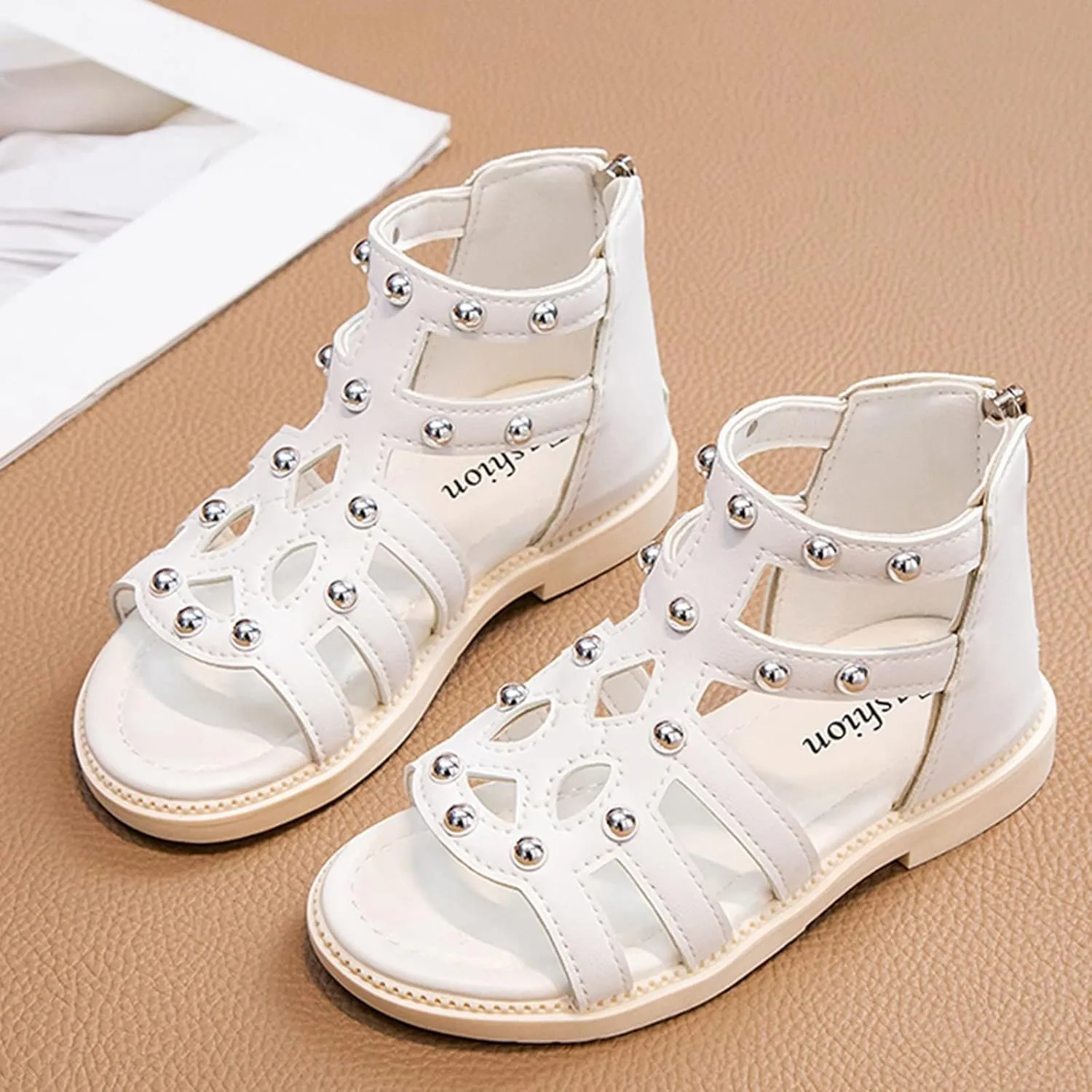Girls Kids Short Gldiator Sandals Shoes Ankle Rubber Leather Non Slip Shoes Baby Toddler Side Zipper Summer Casual