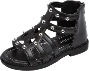 Girls Kids Short Gldiator Sandals Shoes Ankle Rubber Leather Non Slip Shoes Baby Toddler Side Zipper Summer Casual