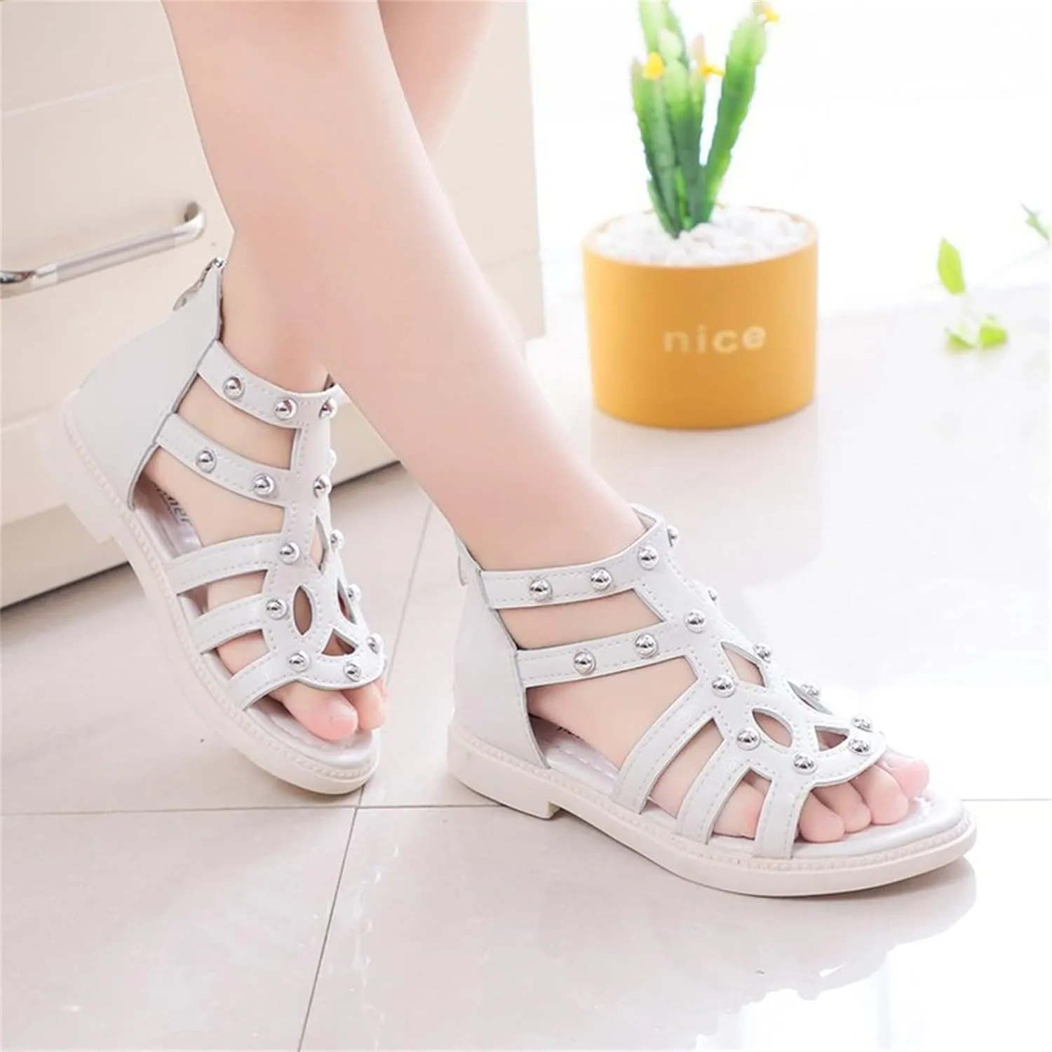 Girls Kids Short Gldiator Sandals Shoes Ankle Rubber Leather Non Slip Shoes Baby Toddler Side Zipper Summer Casual