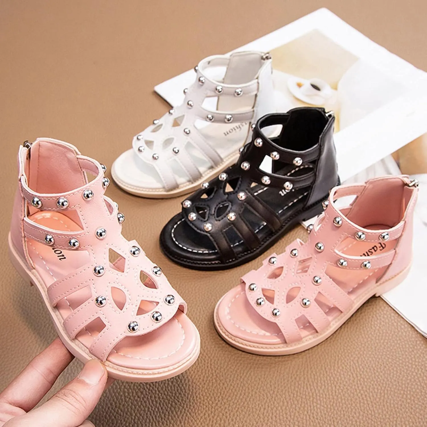 Girls Kids Short Gldiator Sandals Shoes Ankle Rubber Leather Non Slip Shoes Baby Toddler Side Zipper Summer Casual