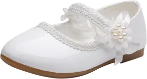 Girl's Mary Jane Shoes for Baby Girls Round Toe Low Heel Shoes with Slip-On Soft Soles Cute Leather Flat Shoes Soft Leather Moccasins (White, 9 Toddler)