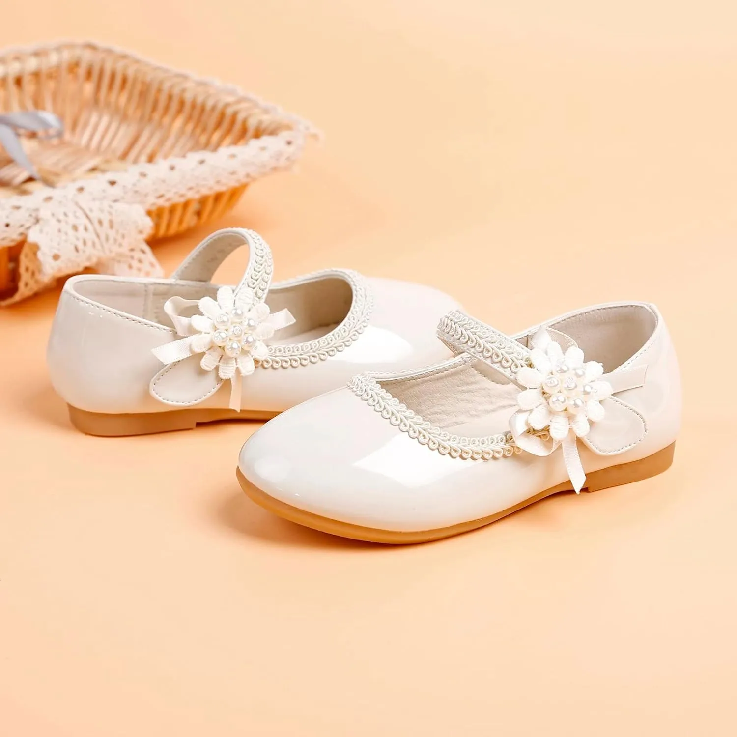 Girls Mary Jane with Pearls Toddler Girls Dress Shoes Low Heels Pumps for Flower Girl Wedding Party