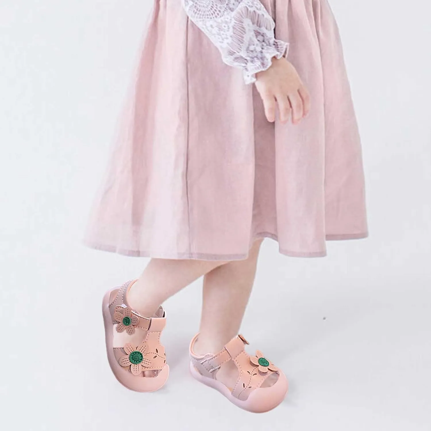 Infant Baby Girl Closed Toe Sandals with Flower Lightweight Rubber Soft Sole Non-Slip Cute Flat Shoes for Toddler
