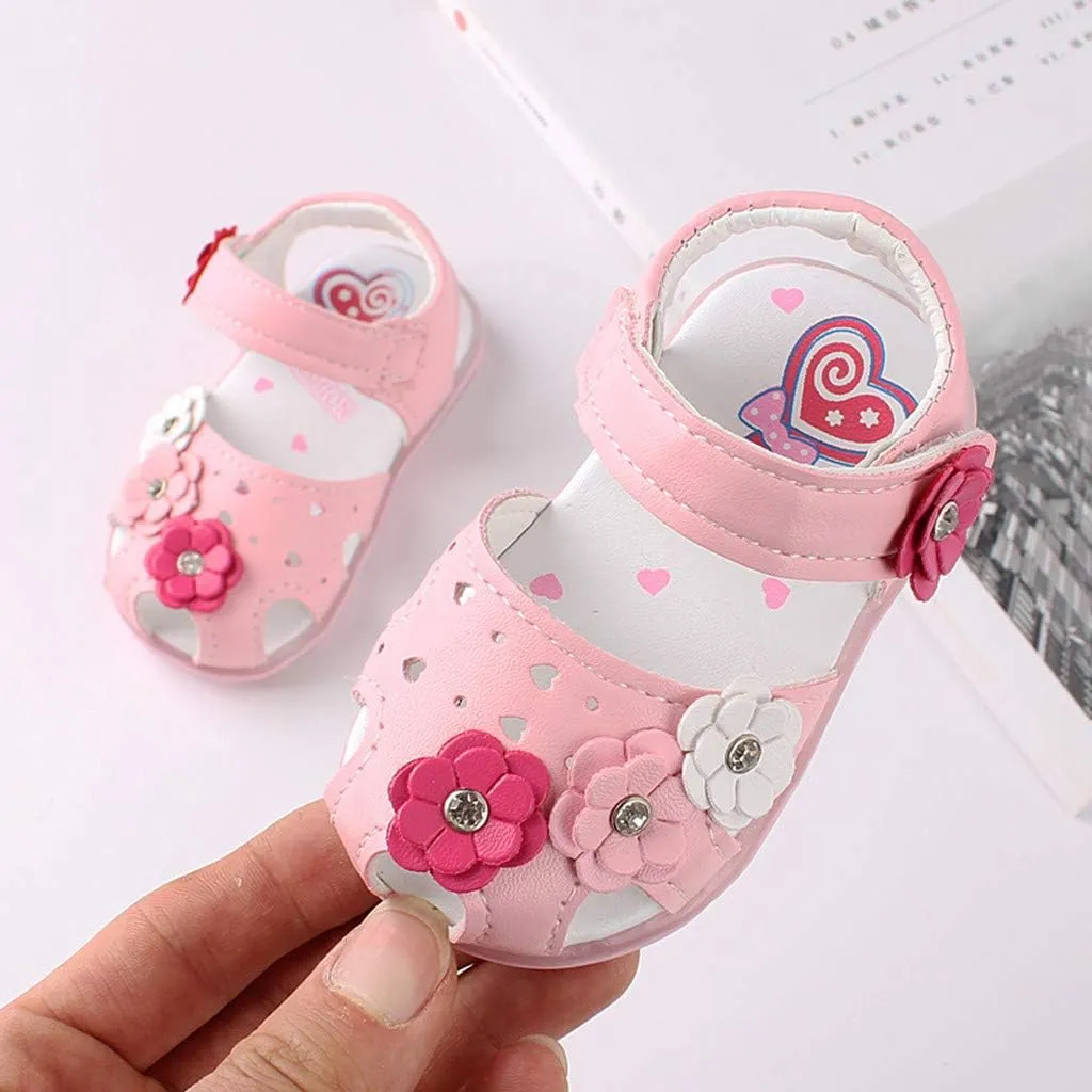 Infant Baby Girls Sandals with LED Luminous Shoes Flower Soft Rubber Sole Anti-Slip Toddler Flats First Walkers Shoes