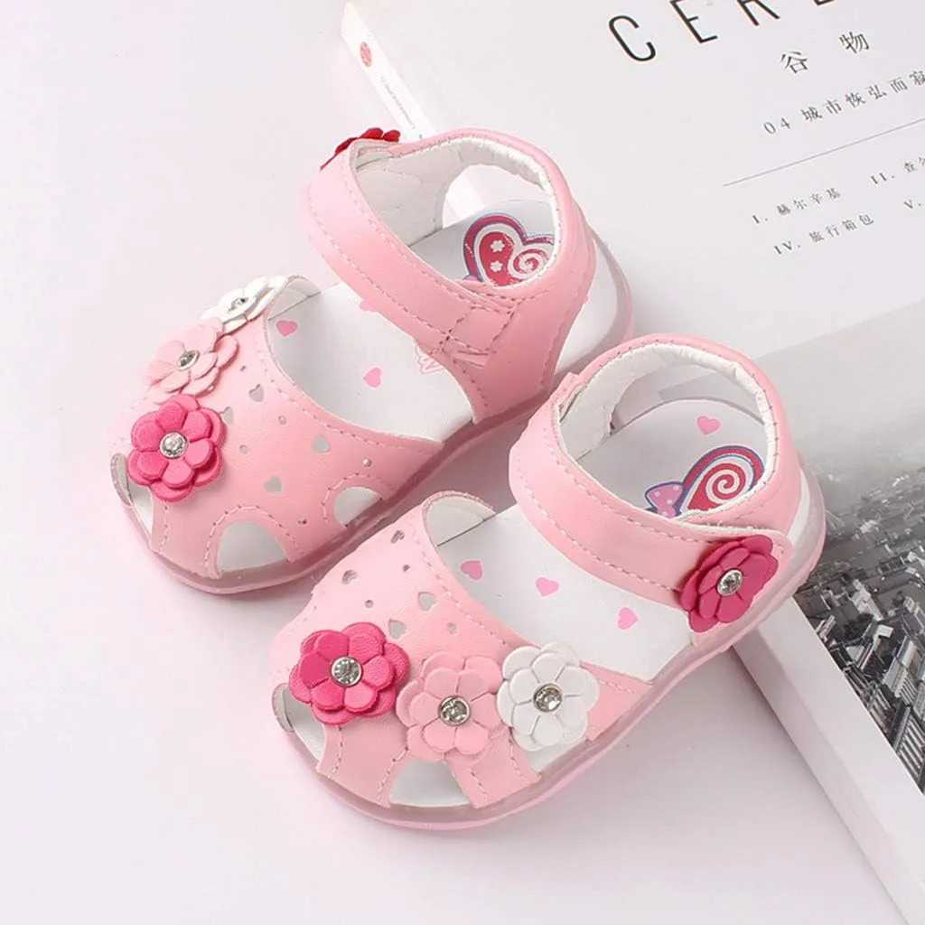 Infant Baby Girls Sandals with LED Luminous Shoes Flower Soft Rubber Sole Anti-Slip Toddler Flats First Walkers Shoes
