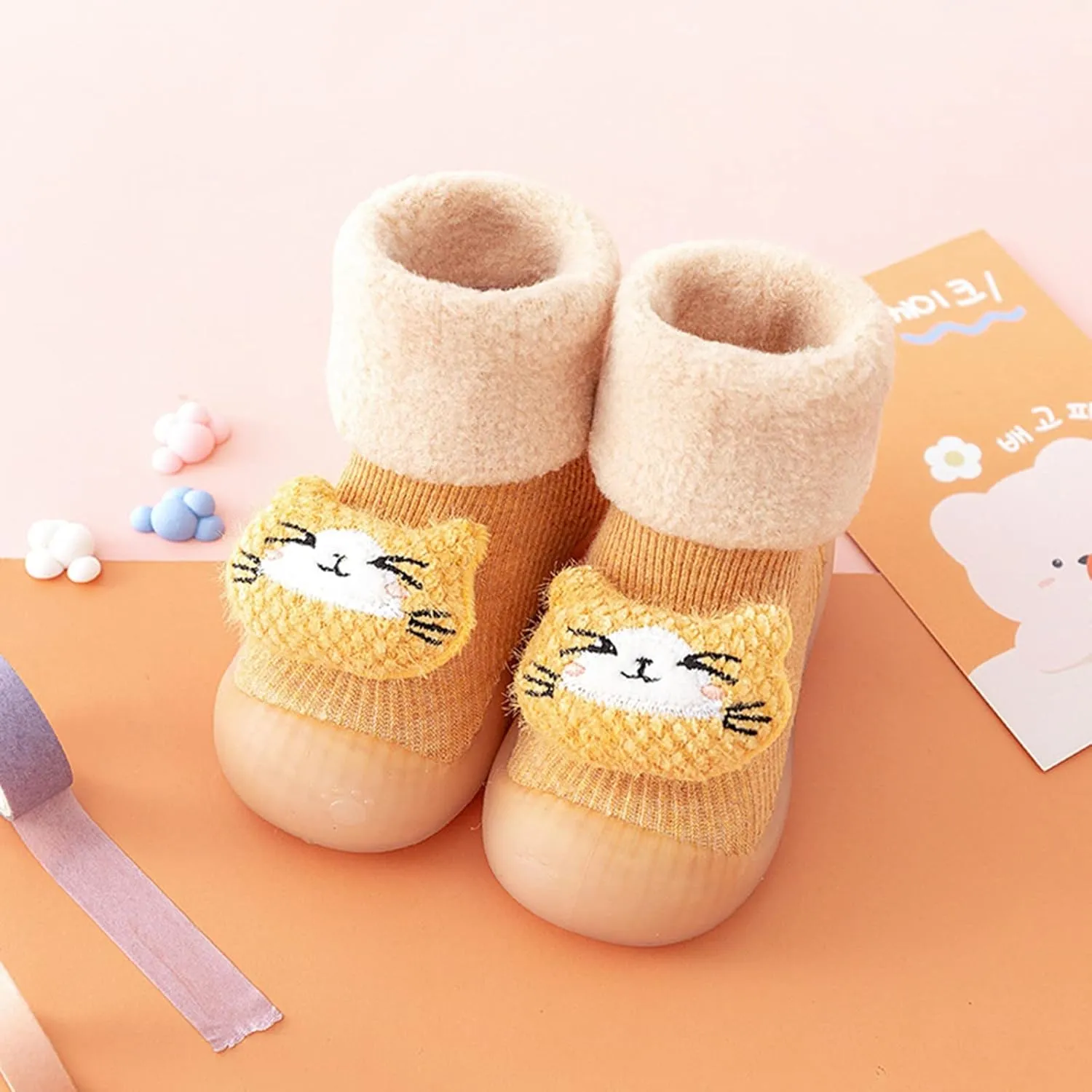 Newborn Girl Boy Sock Shoes Baby Fleece ining Soft Slippers Rubber Sole Non-Slip Cute Booties Spring Sneakers