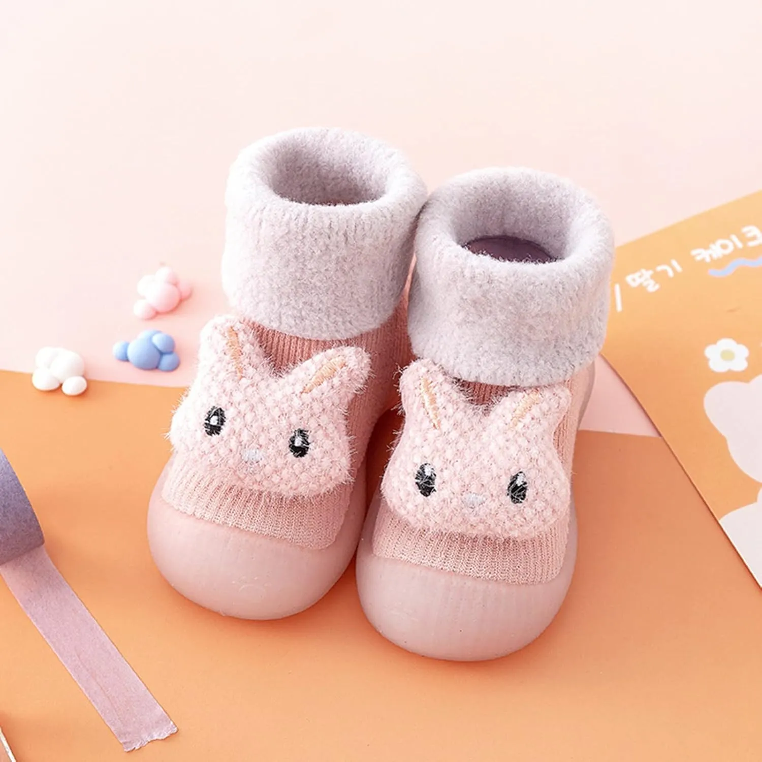 Newborn Girl Boy Sock Shoes Baby Fleece ining Soft Slippers Rubber Sole Non-Slip Cute Booties Spring Sneakers